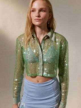 Urban Outfitters Green Sheer Sequin Button-Down Crop Shirt